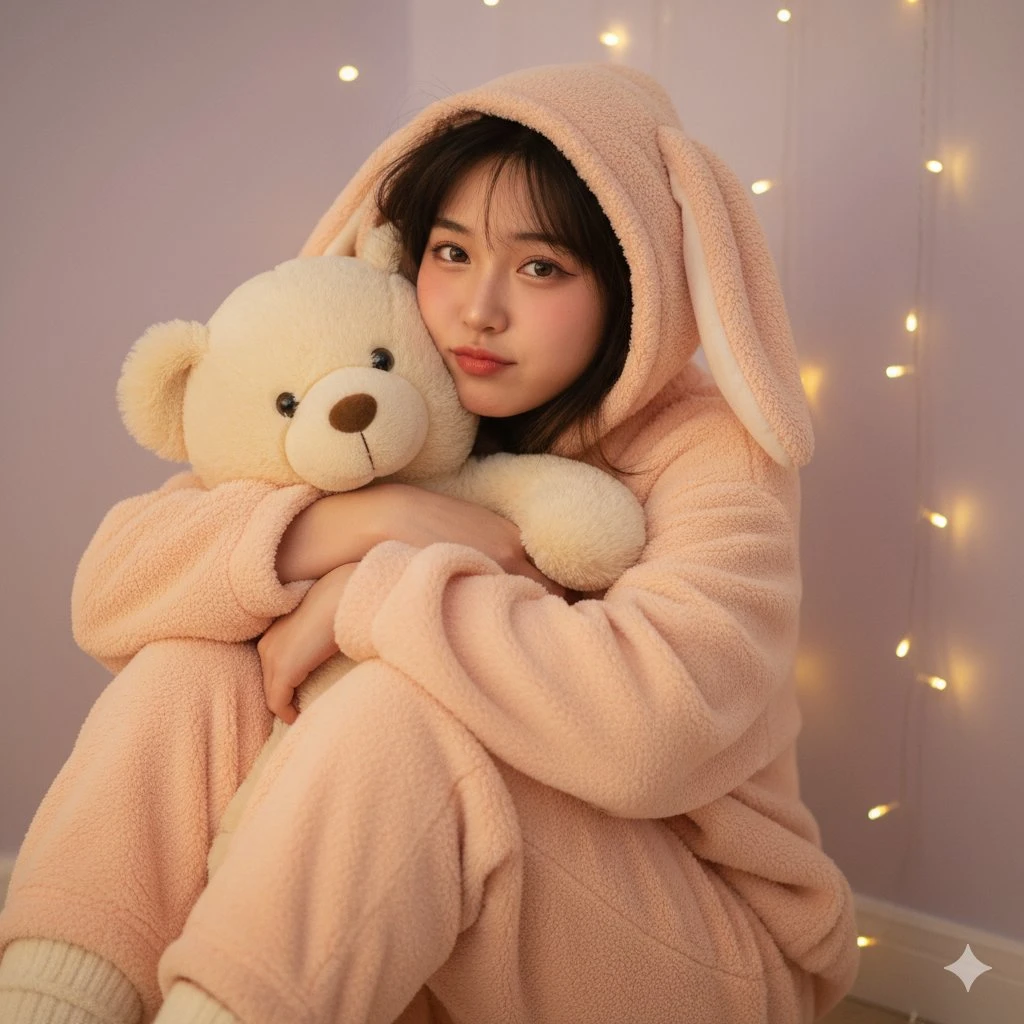 Girl in light peach pink loose sweater pajamas