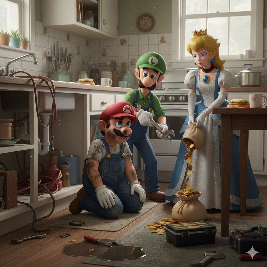Mario and Luigi fixing the kitchen for Princess Peach