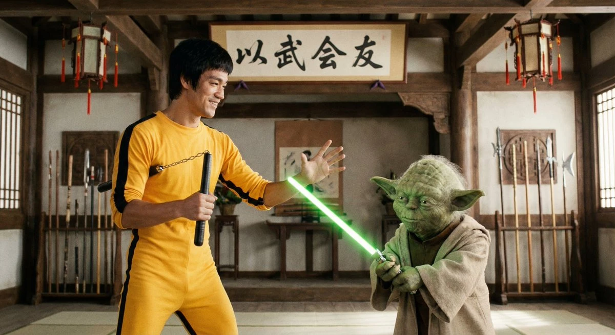 Bruce Lee and Master Yoda meeting through martial arts